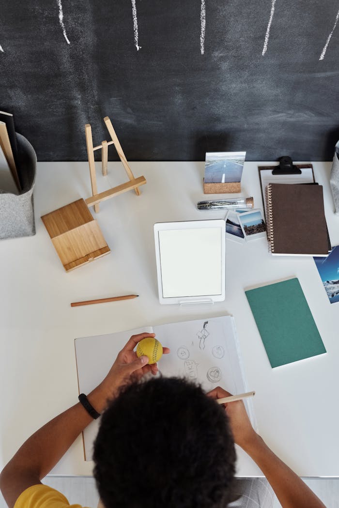 Overhead view of a teenager drawing at a desk with art supplies and tablet.